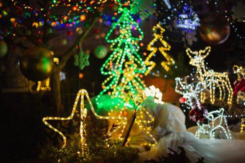 Holiday lights shine brightly.